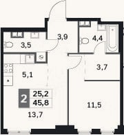 Планировка: 2-к, 45,8 м²