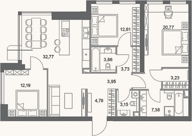 Планировка: 3-к, 108,4 м²