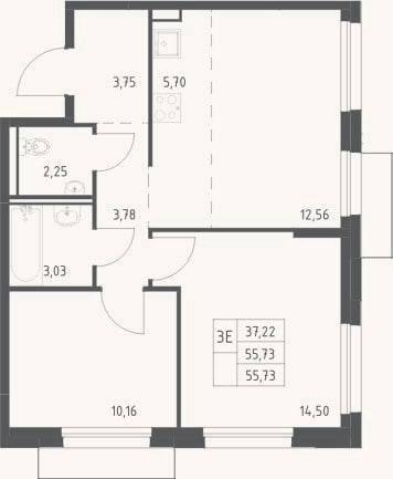 Планировка: 3-к, 55,7 м²