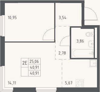 Планировка: 2-к, 40,9 м²