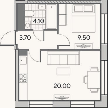 Планировка: 2-к, 37,3 м²