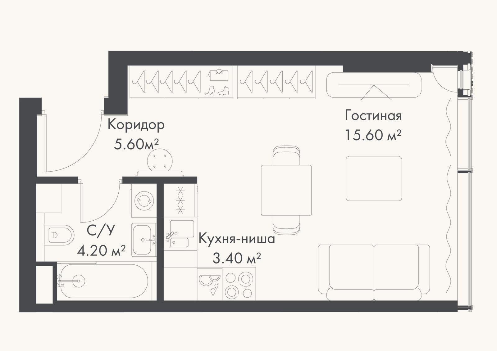Планировка: Студия, 28,8 м²