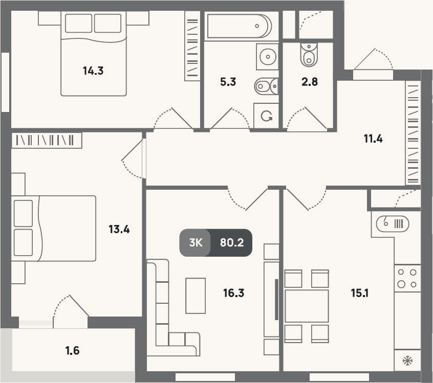 Планировка: 3-к, 78,6 м²