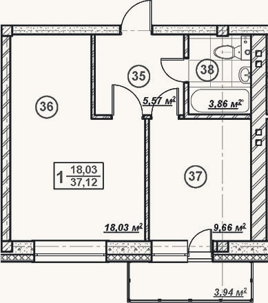 Планировка: 1-к, 37,1 м²
