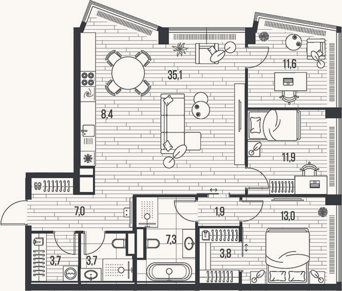 Планировка: 4+ к, 107,4 м²