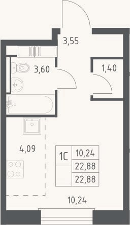 Планировка: Студия, 22,9 м²