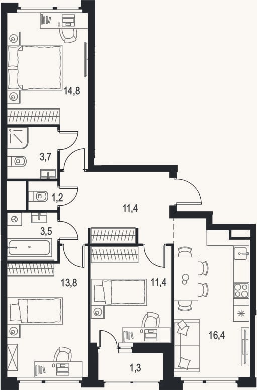 Планировка: 4+ к, 76,2 м²