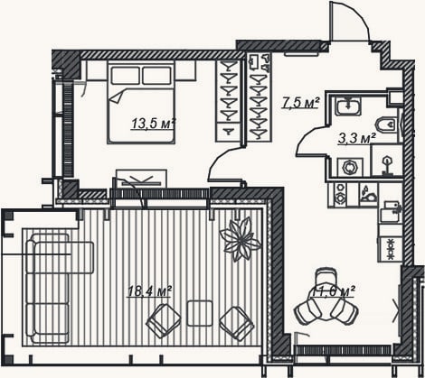 Планировка: 1-к, 35,9 м²