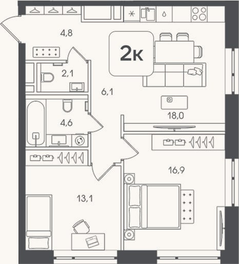 Планировка: 2-к, 65,6 м²