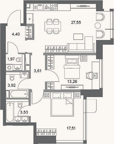 Планировка: 2-к, 75,8 м²