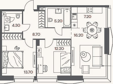 Планировка: 3-к, 67,5 м²