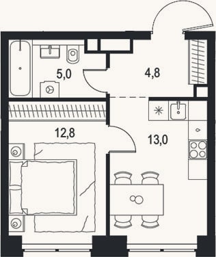 Планировка: 1-к, 35,6 м²