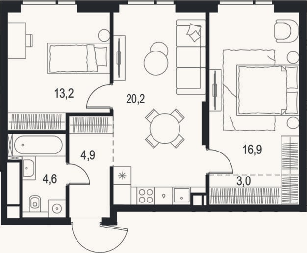 Планировка: 3-к, 62,8 м²