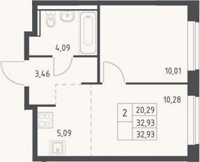 Планировка: 2-к, 32,9 м²
