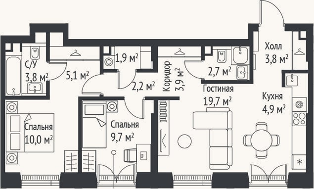 Планировка: 3-к, 67,7 м²