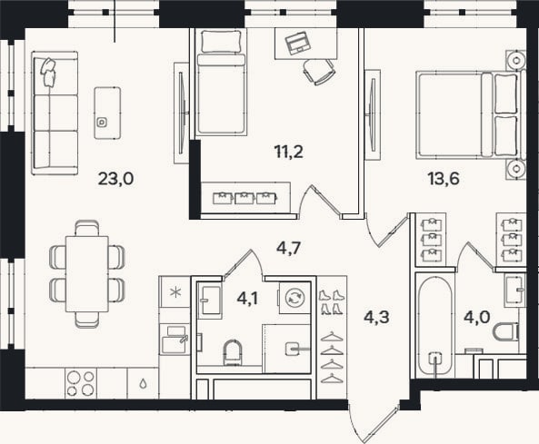 Планировка: 2-к, 64,9 м²
