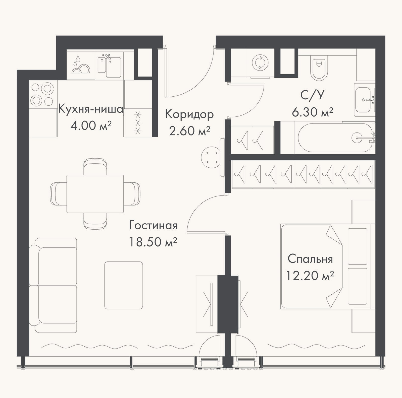 Планировка: 2-к, 43,6 м²