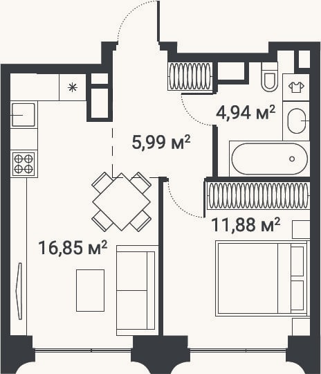 Планировка: 1-к, 39,7 м²