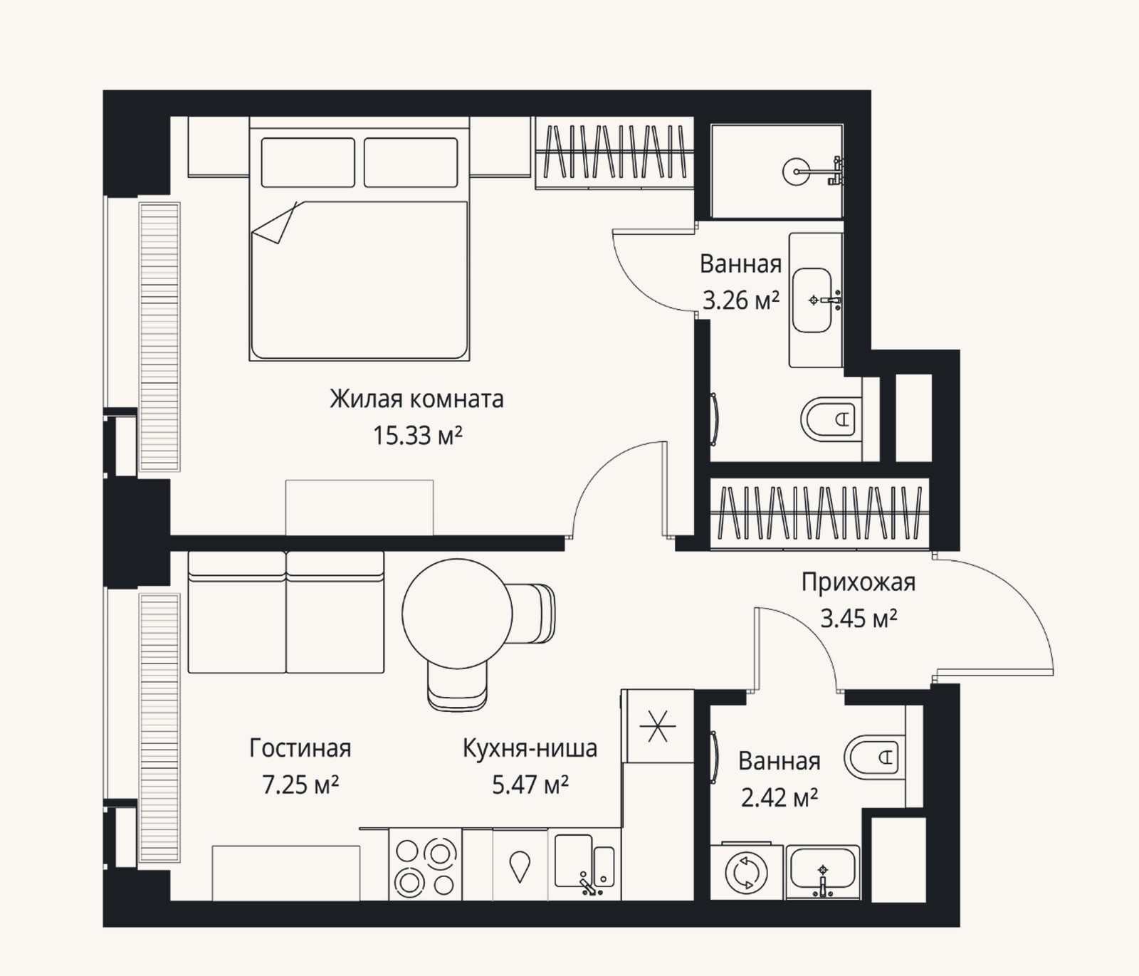 Планировка: 2-к, 37,2 м²