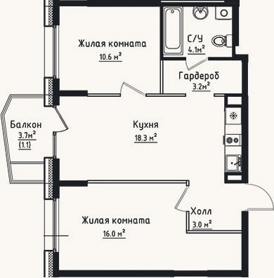 Планировка: 2-к, 55,2 м²