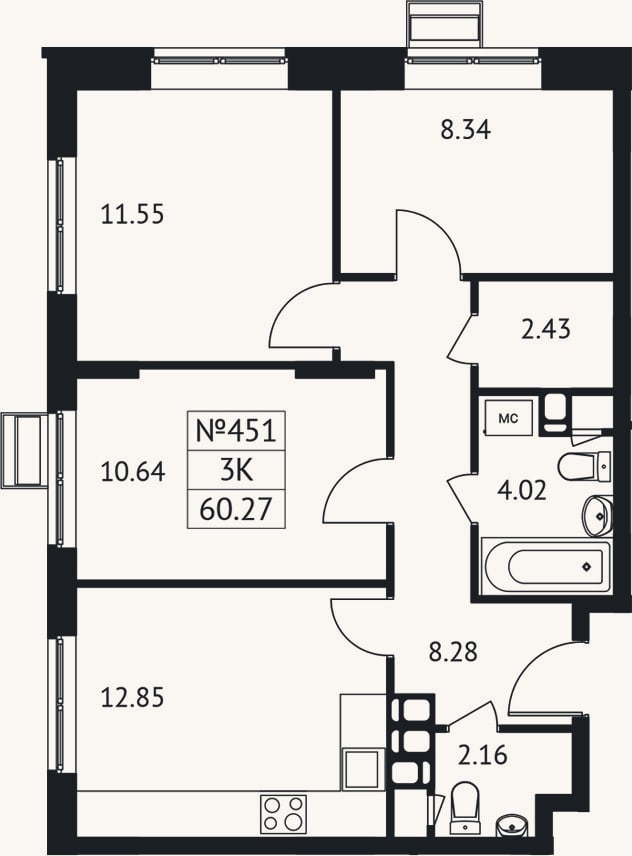 Планировка: 3-к, 60,3 м²