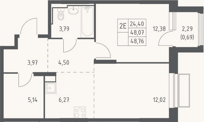 Планировка: 2-к, 48,1 м²