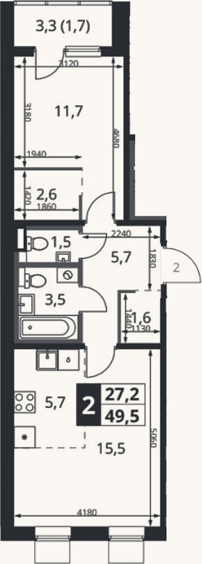 Планировка: 2-к, 48,6 м²