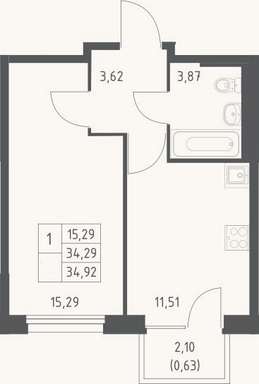 Планировка: 1-к, 34,3 м²