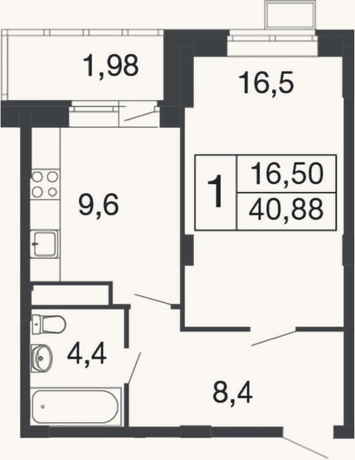 Планировка: 1-к, 38,9 м²
