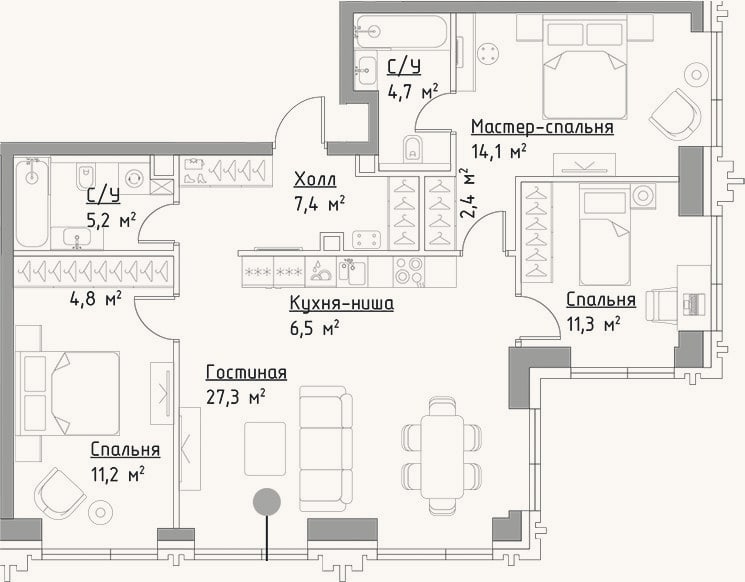 Планировка: 4+ к, 94,9 м²