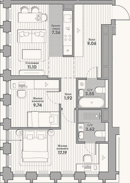 Планировка: 3-к, 63,5 м²
