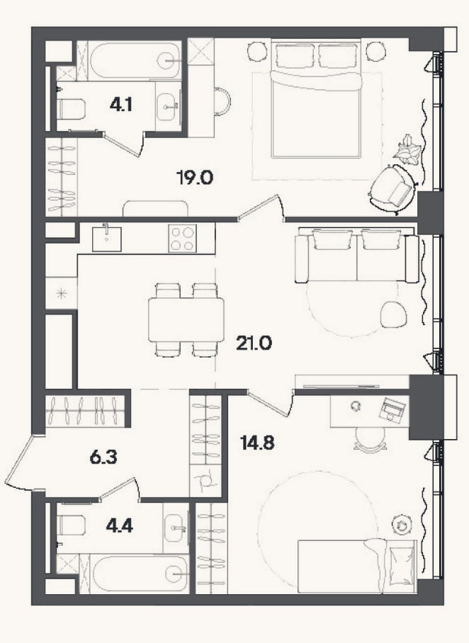 Планировка: 3-к, 67,4 м²