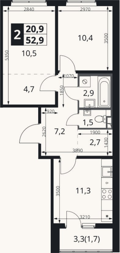 Планировка: 2-к, 51,2 м²