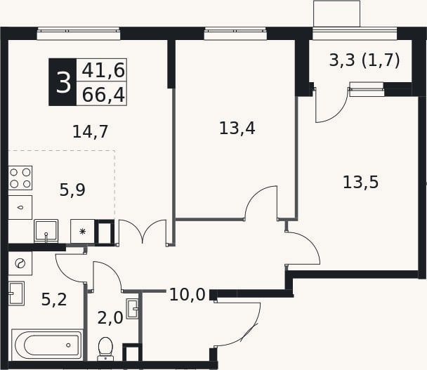 Планировка: 3-к, 64,7 м²