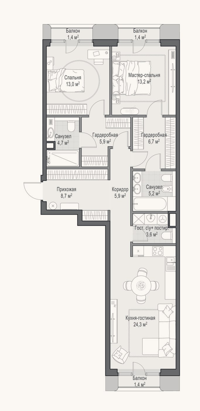 Планировка: 3-к, 91 м²