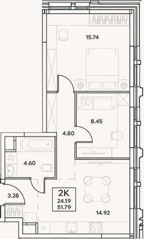 Планировка: 2-к, 51,8 м²