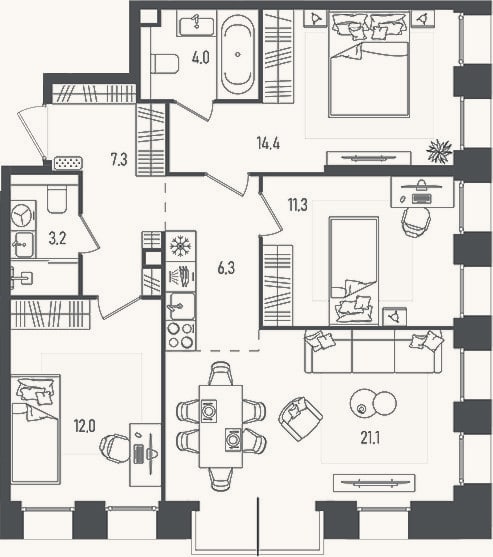 Планировка: 4+ к, 79,6 м²