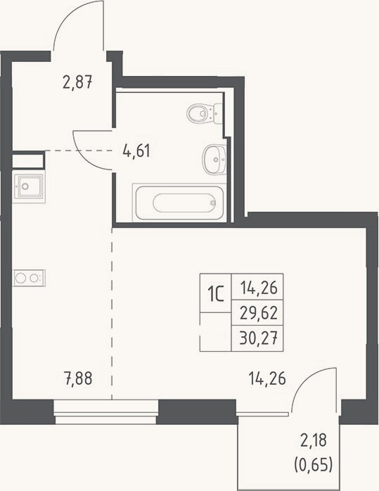 Планировка: Студия, 29,6 м²