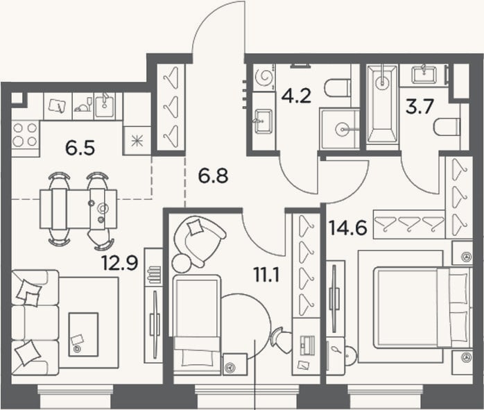 Планировка: 3-к, 59,8 м²