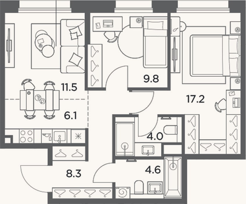 Планировка: 3-к, 61,5 м²