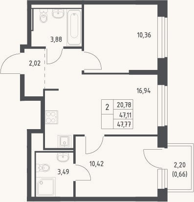 Планировка: 3-к, 47,1 м²