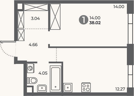 Планировка: 1-к, 38 м²
