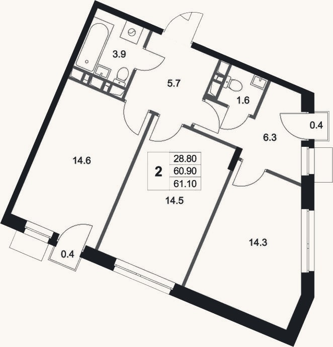 Планировка: 2-к, 60,9 м²