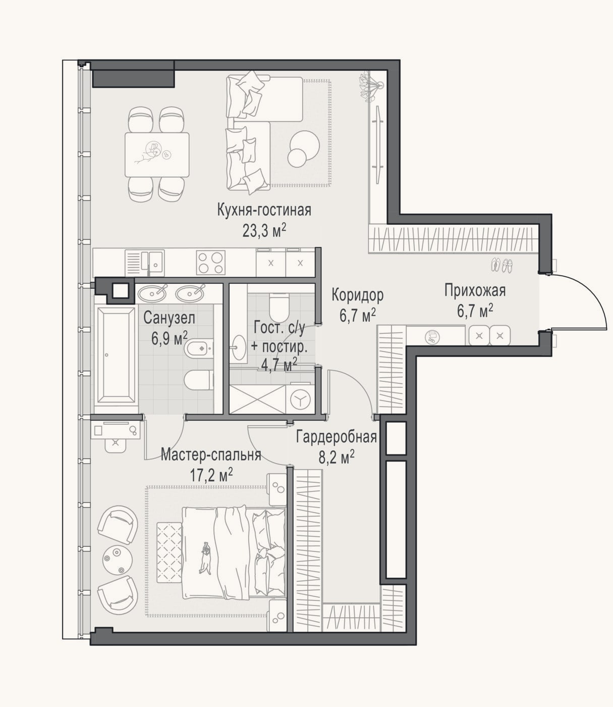 Планировка: 2-к, 73,6 м²