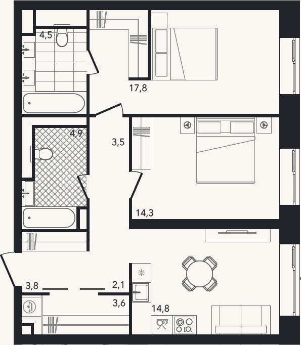 Планировка: 3-к, 69,3 м²
