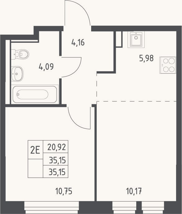 Планировка: 2-к, 35,2 м²