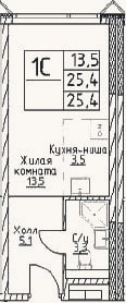 Планировка: Студия, 25,4 м²