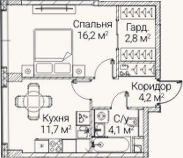 Планировка: 1-к, 39 м²