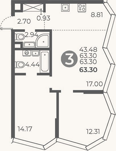 Планировка: 2-к, 63,3 м²