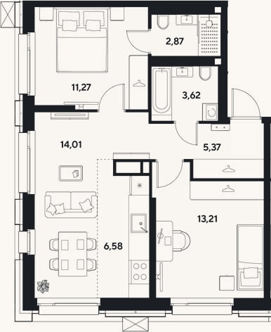 Планировка: 3-к, 56,9 м²